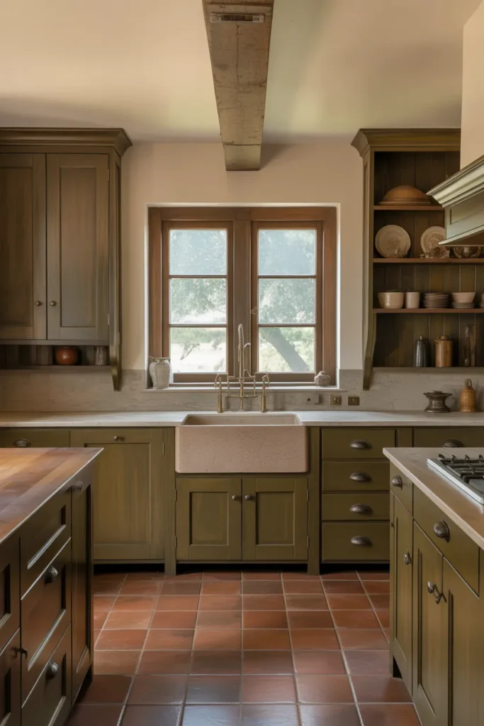 Dark Olive Green Cabinets With Natural Stone Countertops in a Country-Style Layout
