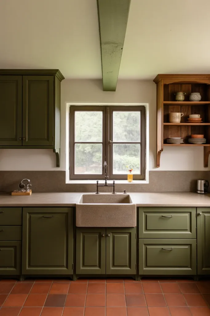 Dark Olive Green Cabinets With Natural Stone Countertops in a Country-Style Layout