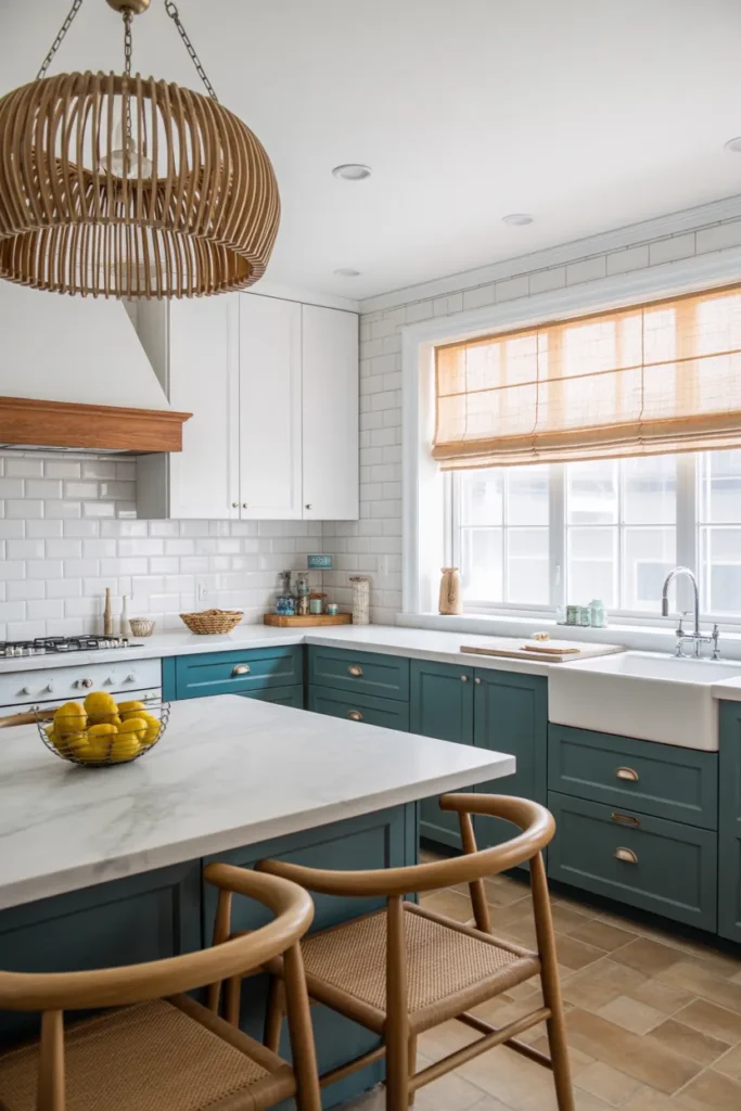 Dark Teal Cabinets in a Coastal-Inspired Open Kitchen With Rattan Accents