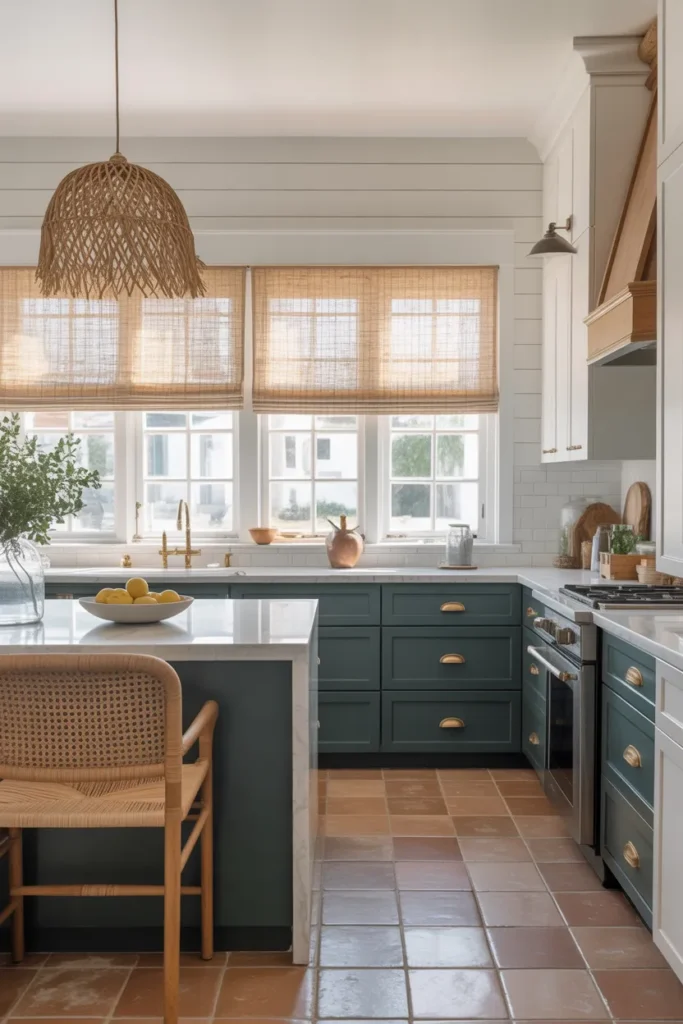 Dark Teal Cabinets in a Coastal-Inspired Open Kitchen With Rattan Accents