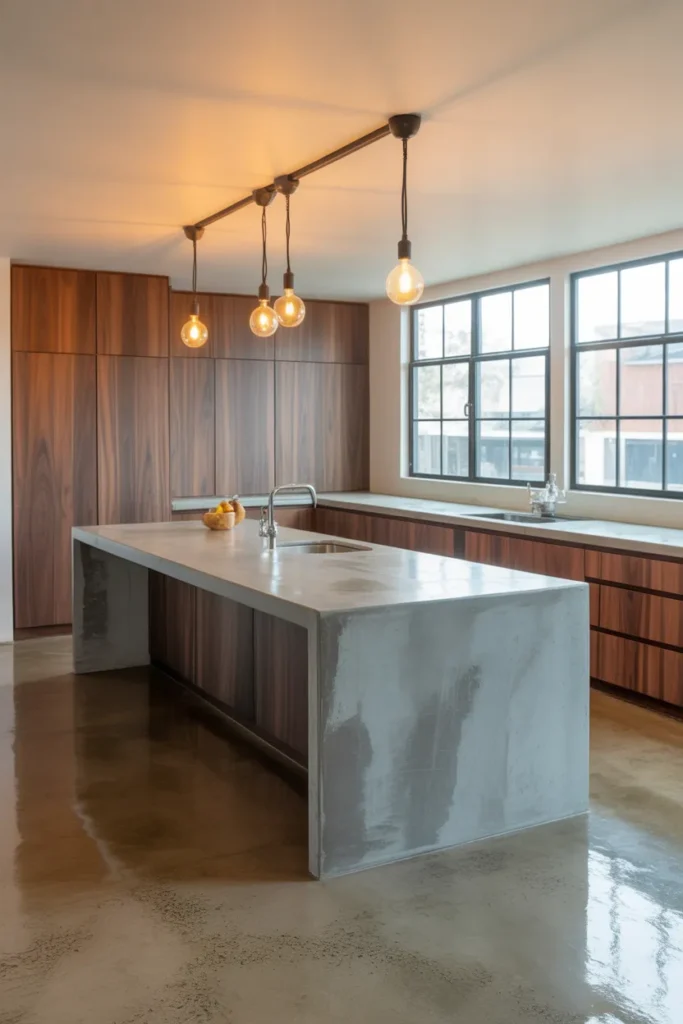 Dark Walnut Cabinets With a Concrete Countertop in an Island Kitchen Layout