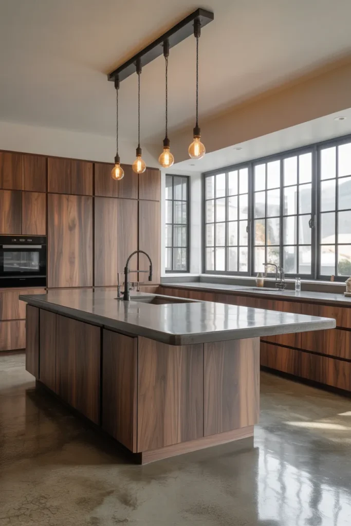 Dark Walnut Cabinets With a Concrete Countertop in an Island Kitchen Layout