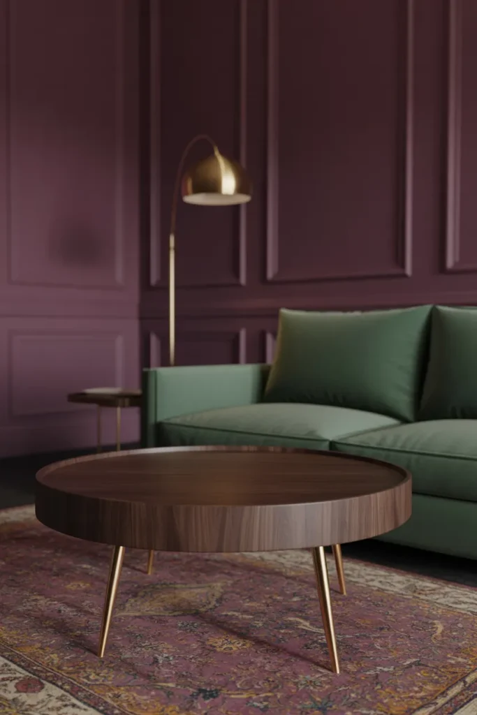 Dark Wood Round Coffee Table in a Jewel-Toned Living Room