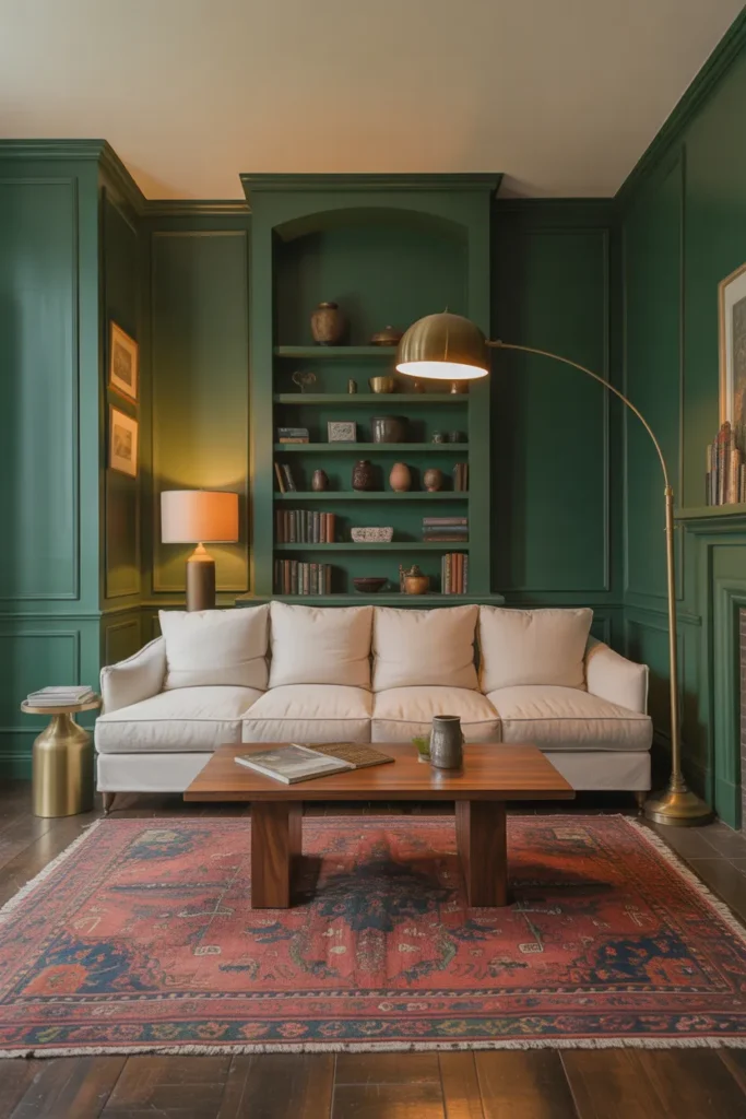 Deep Forest Green Walls in a Cozy Living Room That Feels Like a Luxury Hotel Suite