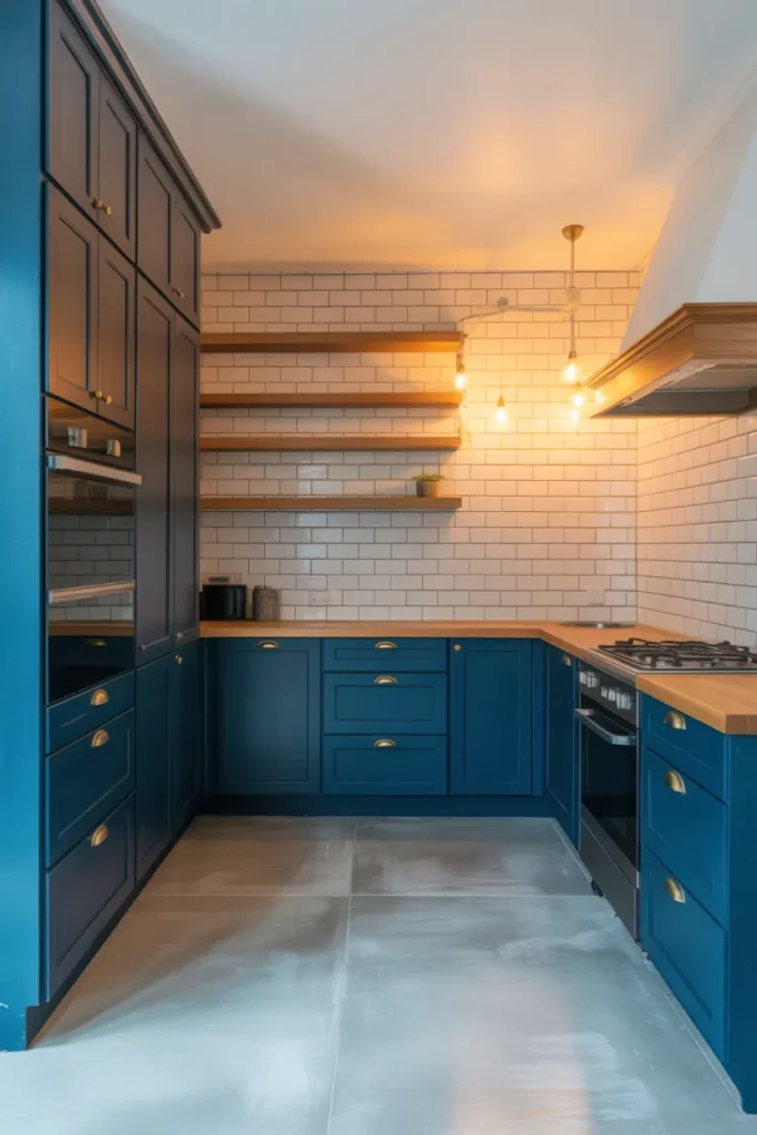Deep Navy Blue Shaker Cabinets in an L-Shape Layout With Open Shelving