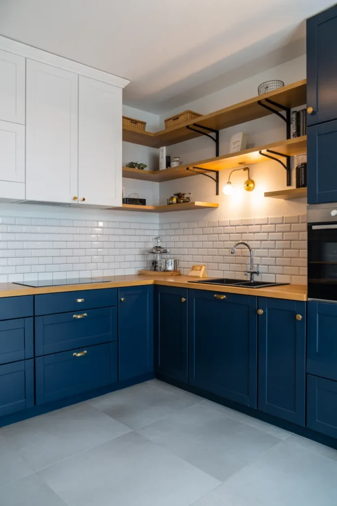 Deep Navy Blue Shaker Cabinets in an L-Shape Layout With Open Shelving