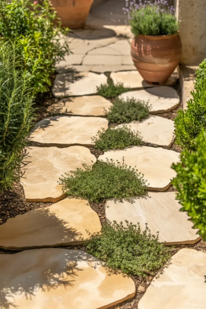 Dry-Laid Limestone Path With Planted Gaps for a Mediterranean Garden