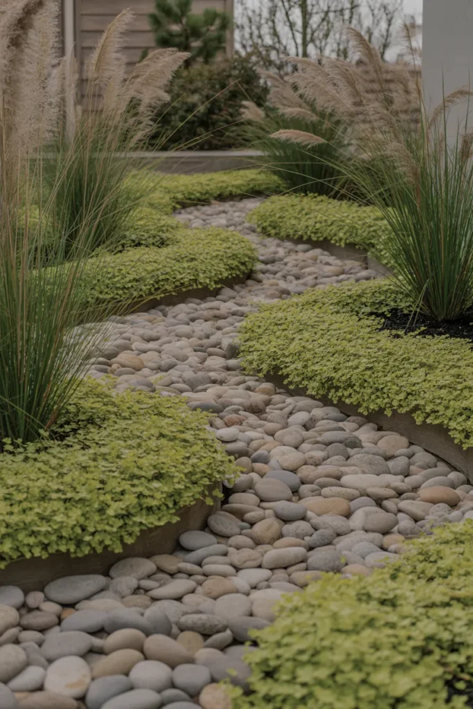 Dry Streambed Zen Garden With River Stones and Ornamental Grasses