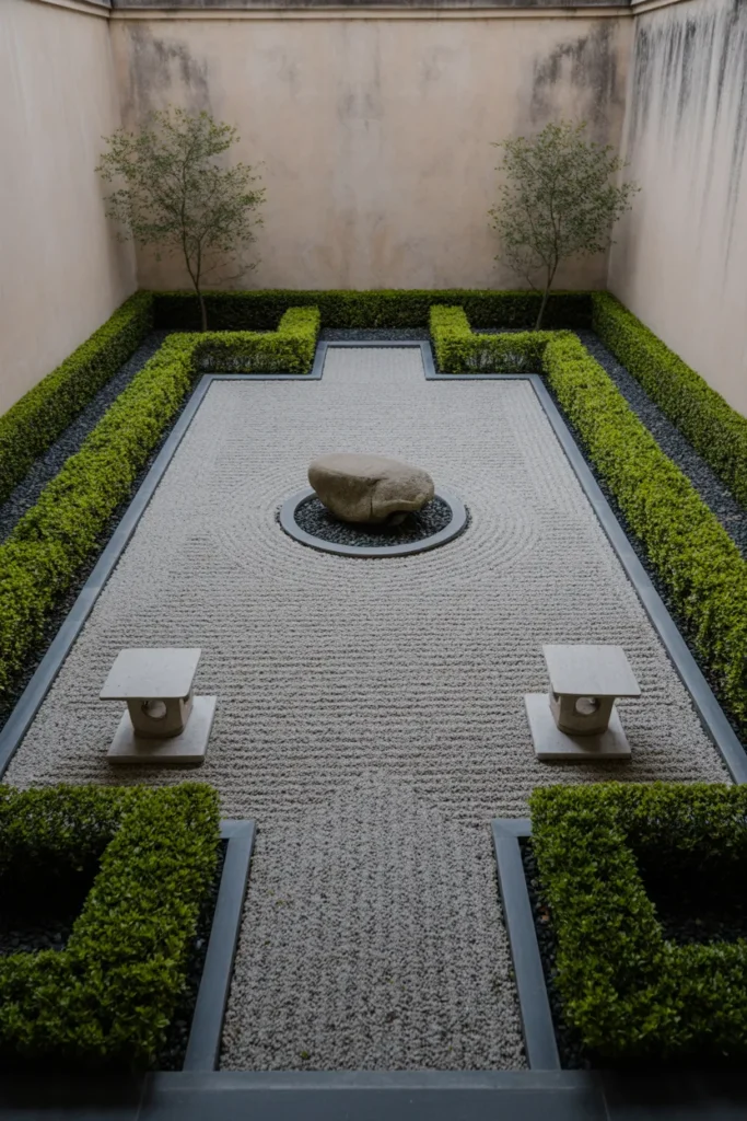 Enclosed Courtyard Zen Garden With Gravel and Low Hedges