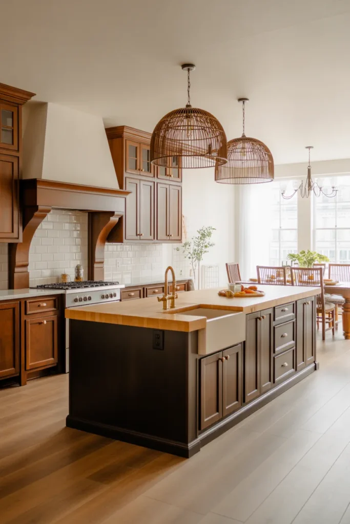 Espresso Brown Two-Tone Cabinets in a Large Open-Plan Family Kitchen