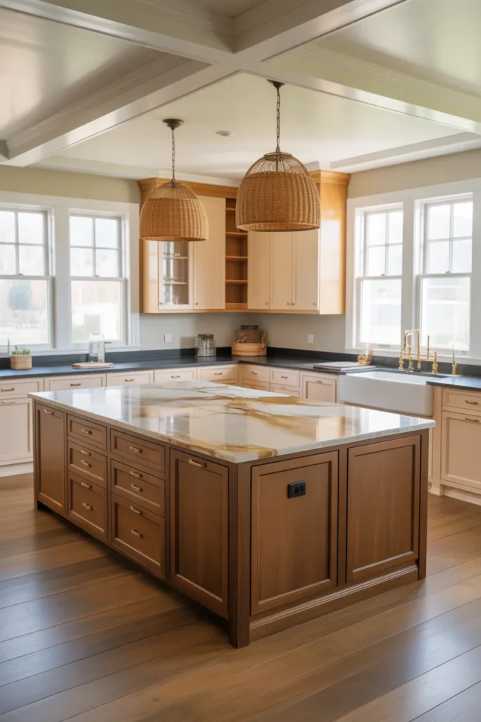 Espresso Brown and Cream Two-Tone Kitchen in a Large Transitional Open Layout