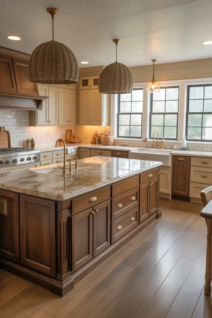 Espresso Brown and Cream Two-Tone Kitchen in a Large Transitional Open Layout
