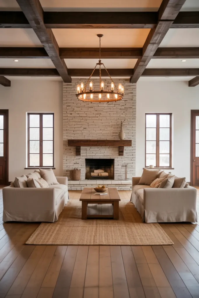 Exposed Beam Ceiling With Linen Sofas and a Stone Fireplace Wall for Maximum Farmhouse Impact