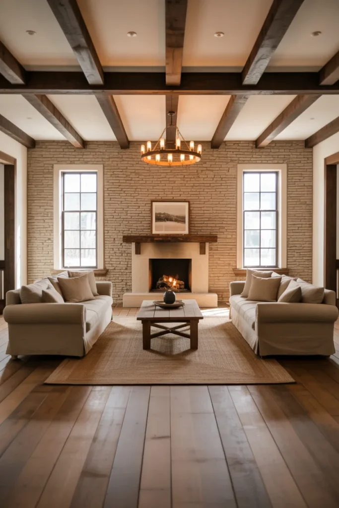 Exposed Beam Ceiling With Linen Sofas and a Stone Fireplace Wall for Maximum Farmhouse Impact