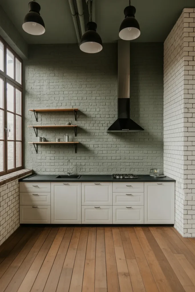 Exposed Brick Wall Painted in Muted Sage for a Kitchen That Bridges Old and New