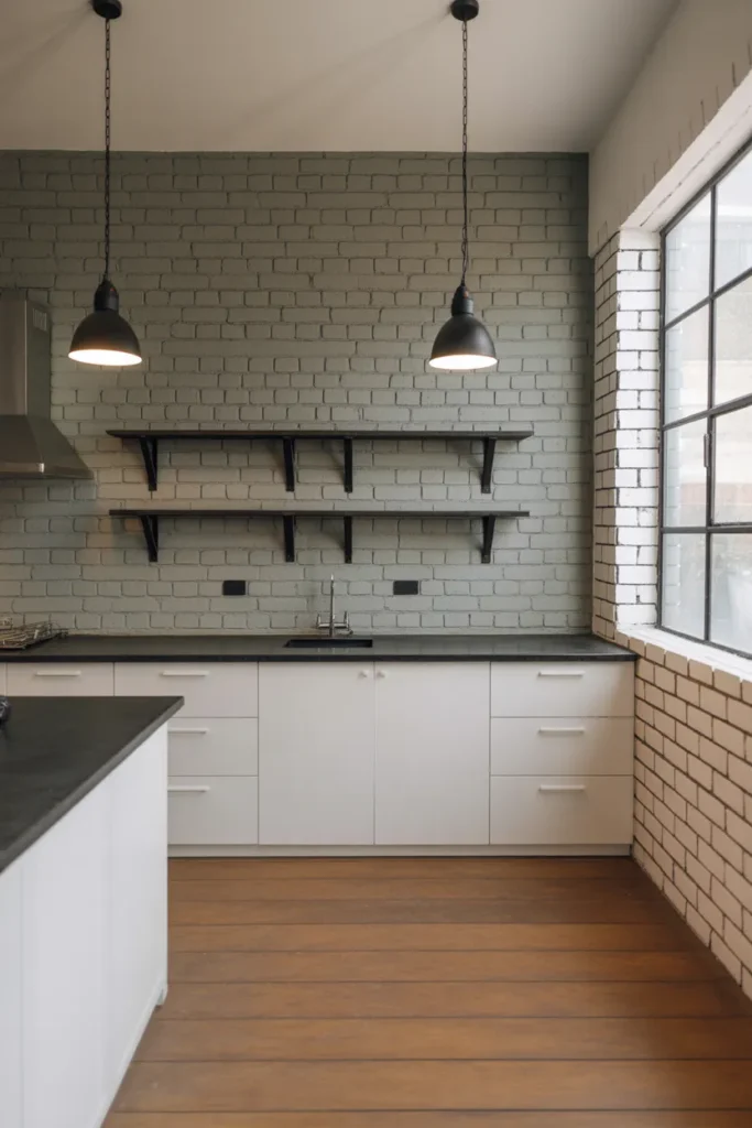 Exposed Brick Wall Painted in Muted Sage for a Kitchen That Bridges Old and New