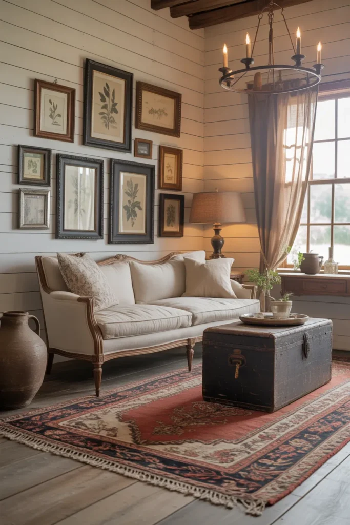 Farmhouse Living Room With Antique and Vintage Pieces for a Collected, Lived-In Look