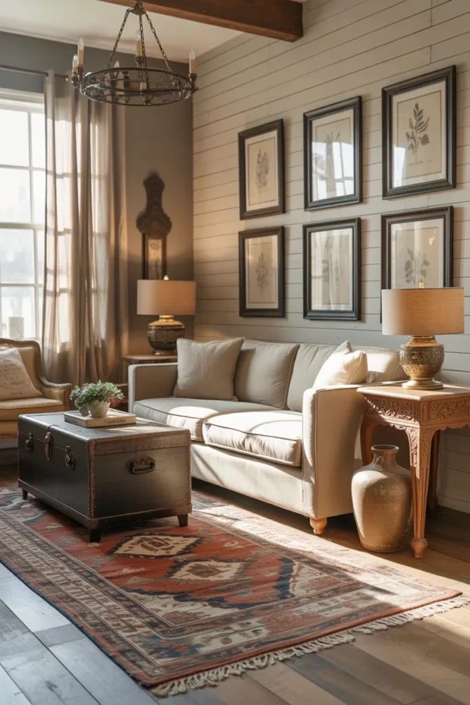 Farmhouse Living Room With Antique and Vintage Pieces for a Collected, Lived-In Look