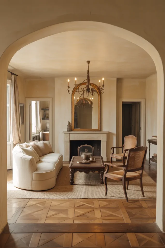Farmhouse Living Room With Arched Doorway and Warm Plaster Walls for a European Touch