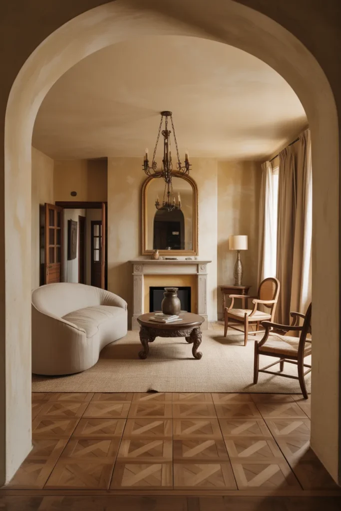 Farmhouse Living Room With Arched Doorway and Warm Plaster Walls for a European Touch