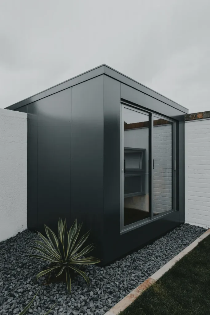 Flat-Roof Black Steel Shed That Doubles as a Statement Garden Feature