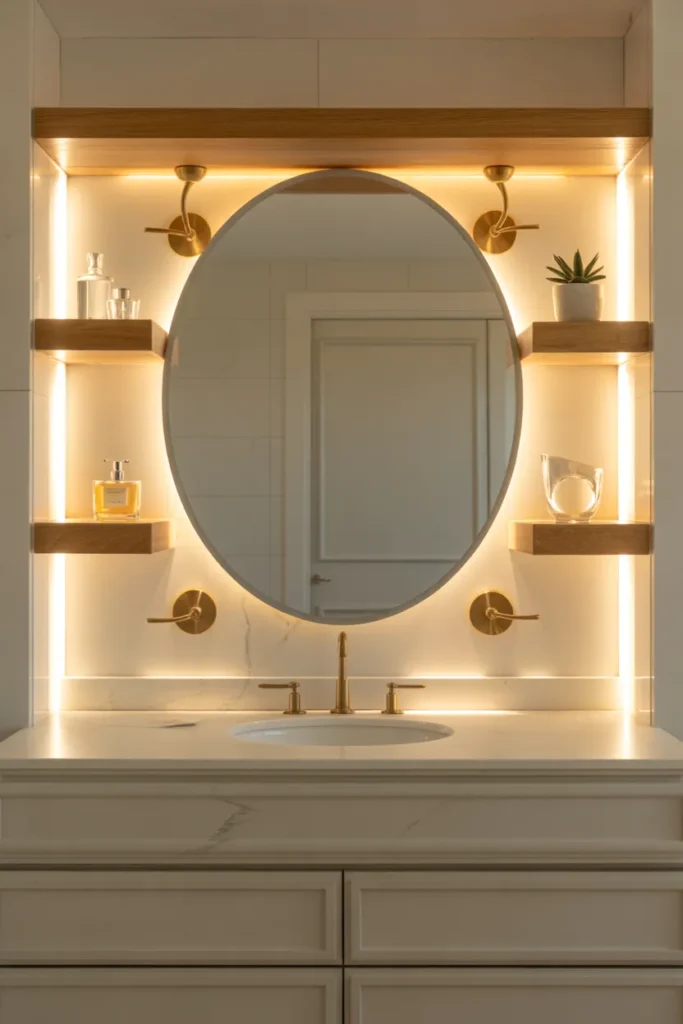 Floating Shelves Flanking a Bathroom Mirror