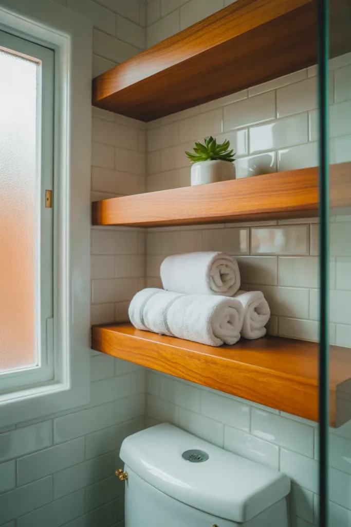 Floating Teak Shelves Above the Toilet