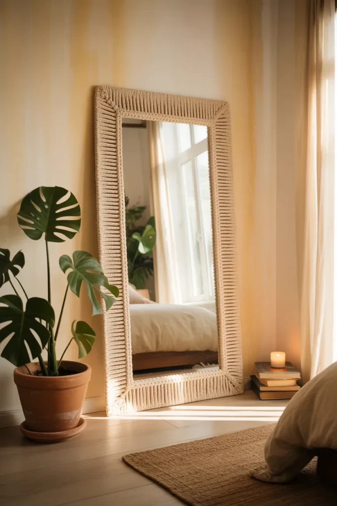 Floor-Length Jute or Macrame-Framed Mirror for a Boho Bedroom Corner