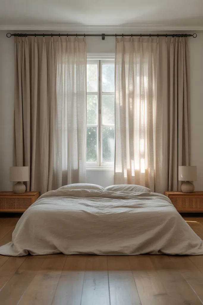 Floor-to-Ceiling Linen Curtains Hung High and Wide to Make Any Bedroom Feel Larger