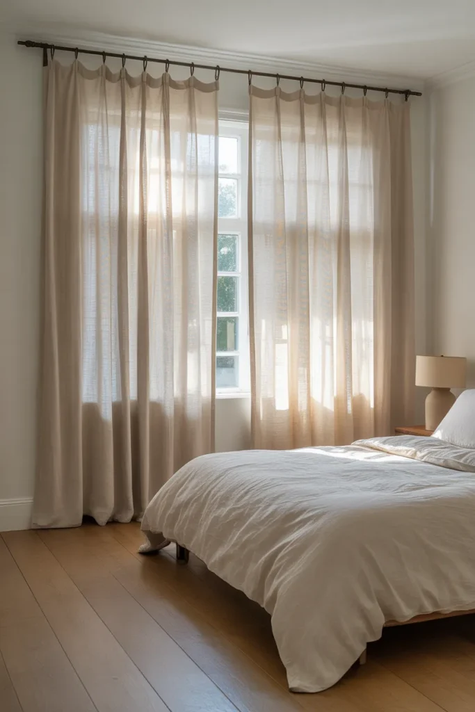 Floor-to-Ceiling Linen Curtains Hung High and Wide to Make Any Bedroom Feel Larger