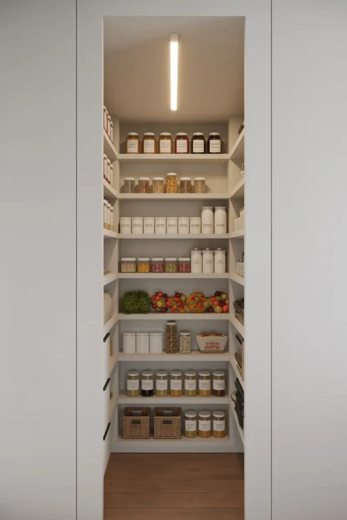 Floor-to-Ceiling Open Shelving in a Narrow Pantry