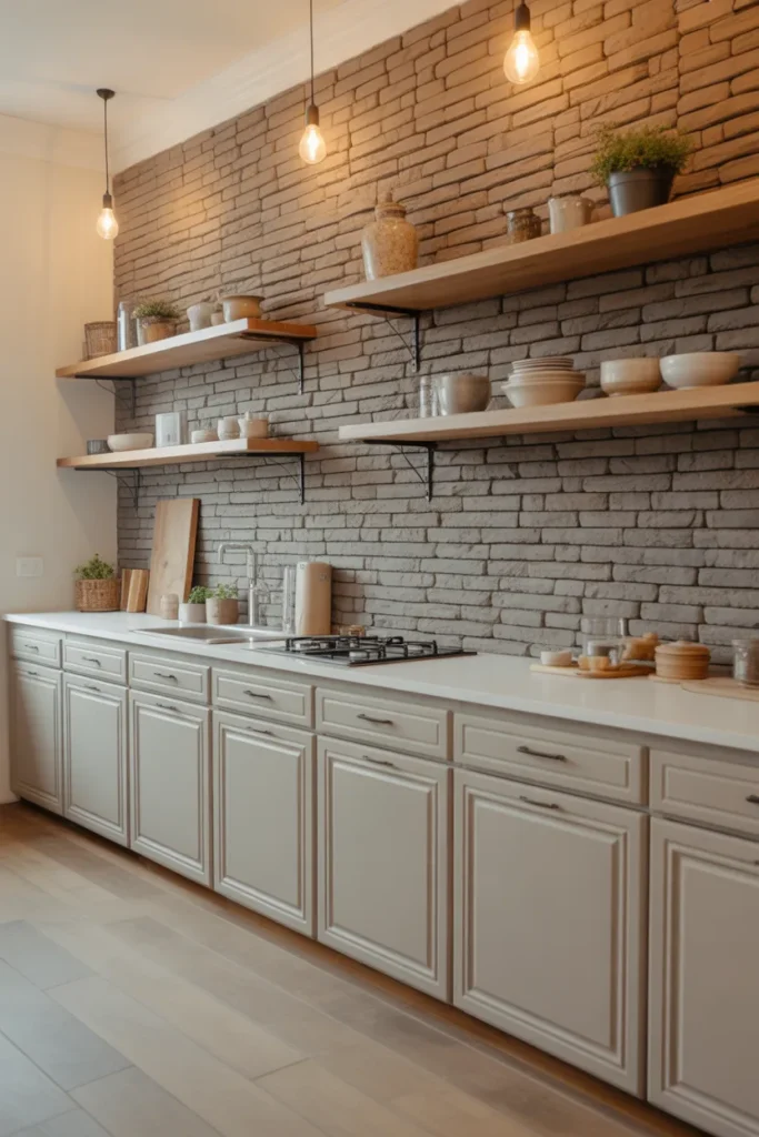 Floor-to-Ceiling Stacked Stone Accent Wall Behind an Open-Shelf Kitchen