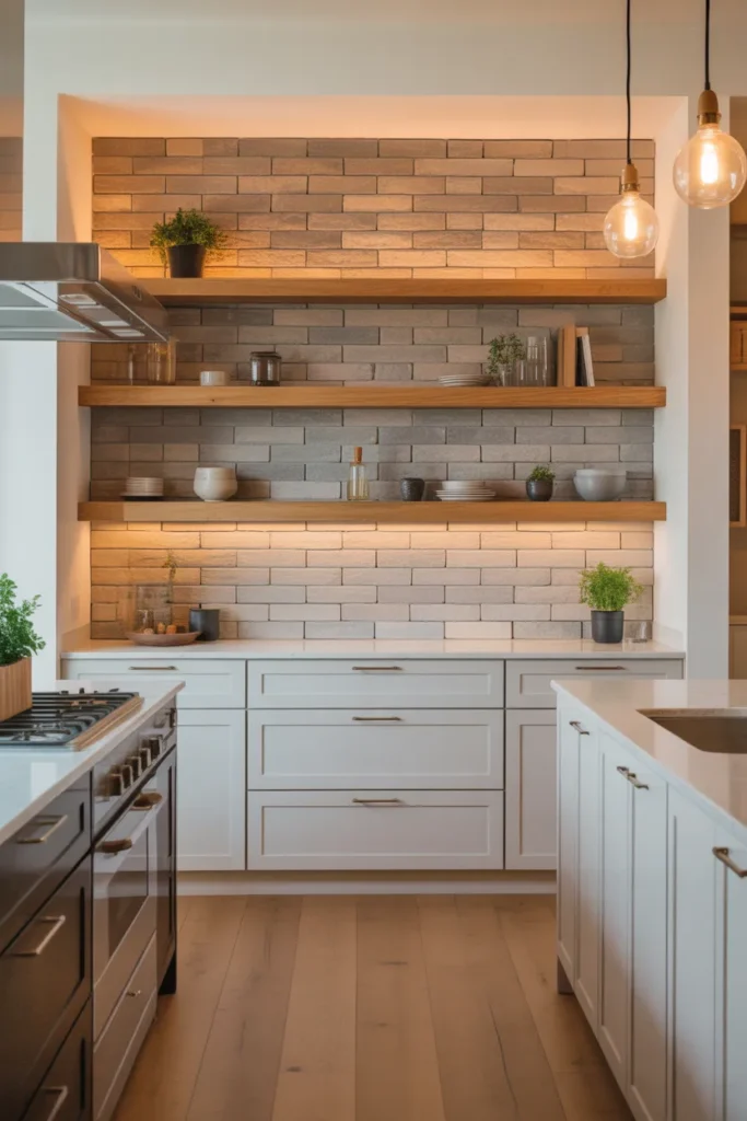 Floor-to-Ceiling Stacked Stone Accent Wall Behind an Open-Shelf Kitchen