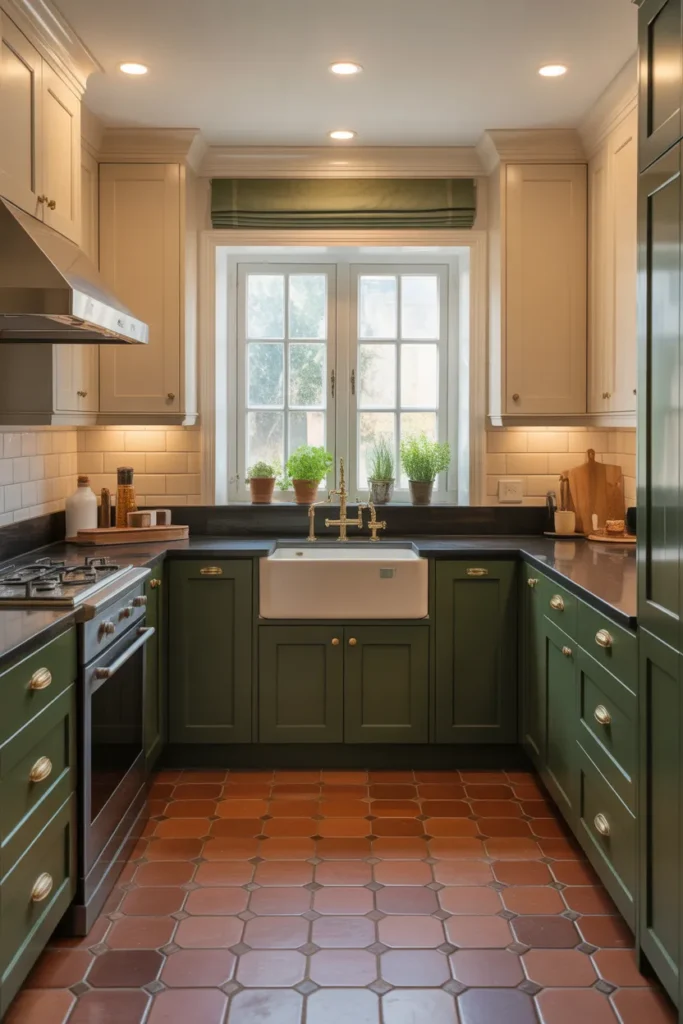 Forest Green Lower Cabinets With Black Countertops in a U-Shape Kitchen