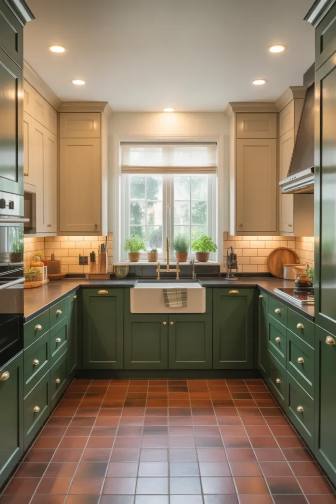 Forest Green Lower Cabinets With Black Countertops in a U-Shape Kitchen