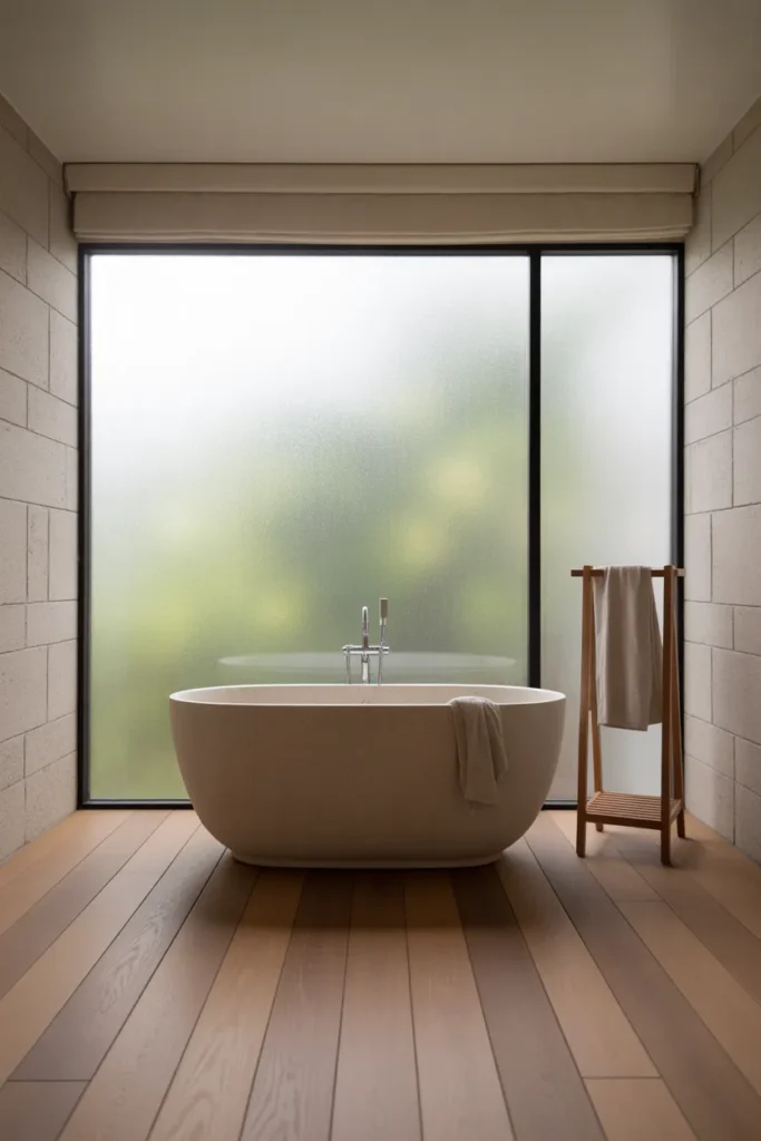 Freestanding Soaking Tub Positioned to Face Natural Light