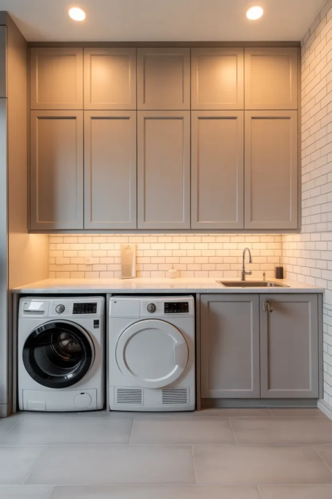 Full-Height Cabinet Wall With Integrated Appliances for a Laundry Room That Looks Like a Proper Room