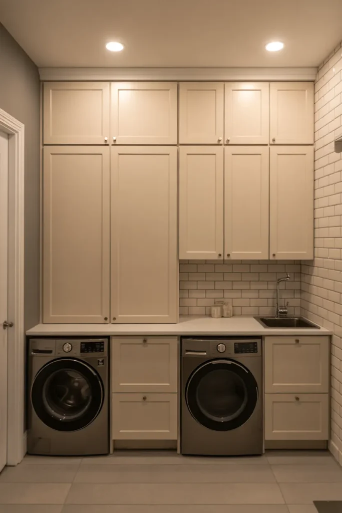 Full-Height Cabinet Wall With Integrated Appliances for a Laundry Room That Looks Like a Proper Room