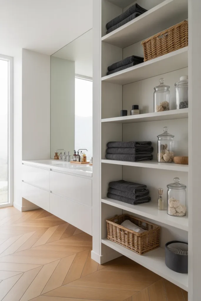 Full-Height Open Shelving Unit Beside the Vanity
