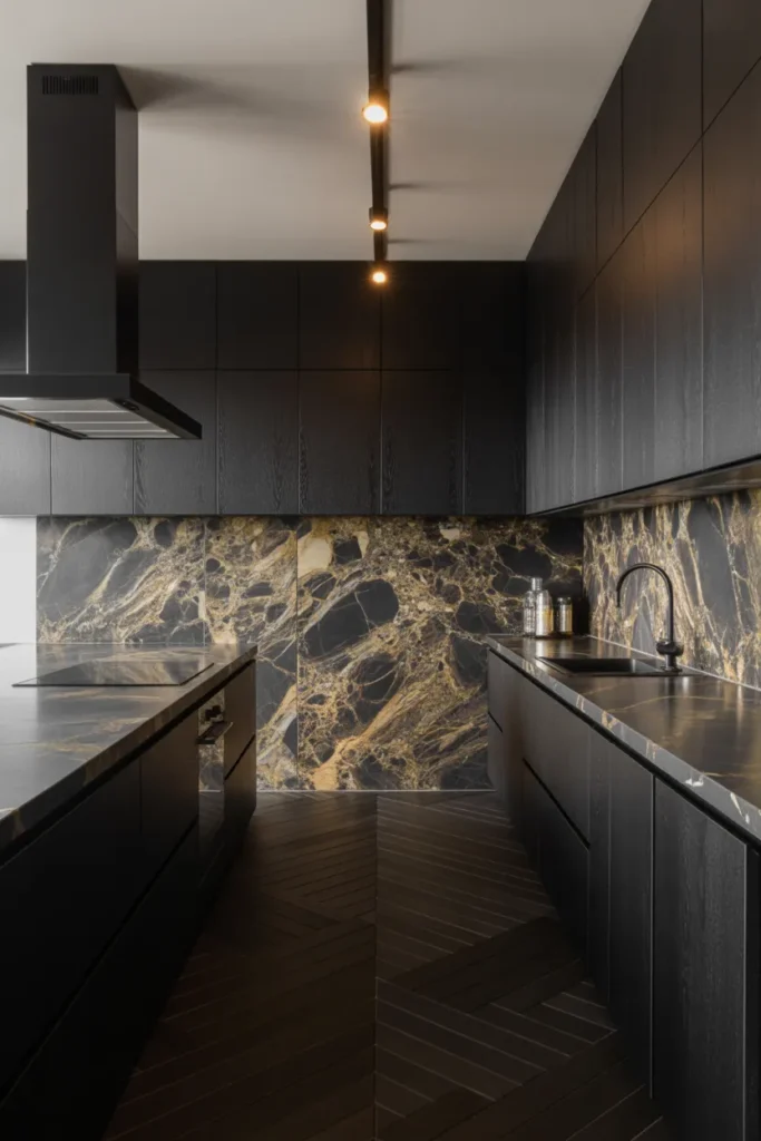 Full Slab Dark Backsplash With Black Hardware Throughout in a Luxury Galley