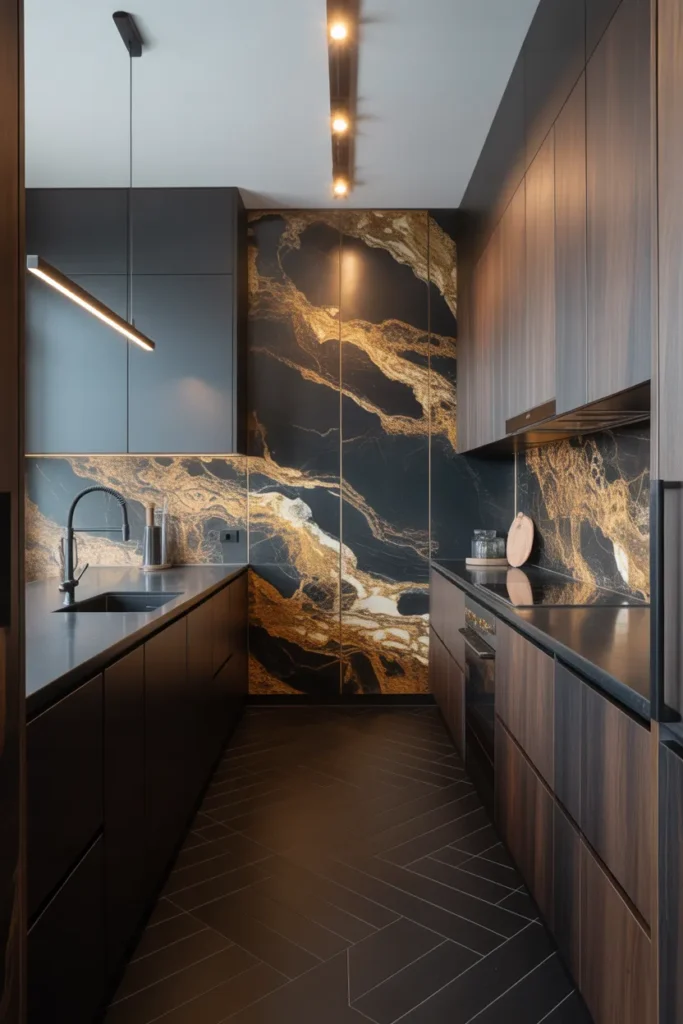 Full Slab Dark Backsplash With Black Hardware Throughout in a Luxury Galley