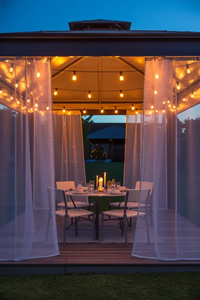 Gazebo With String Lights and a Curtain Rail for Backyard Evening Entertaining