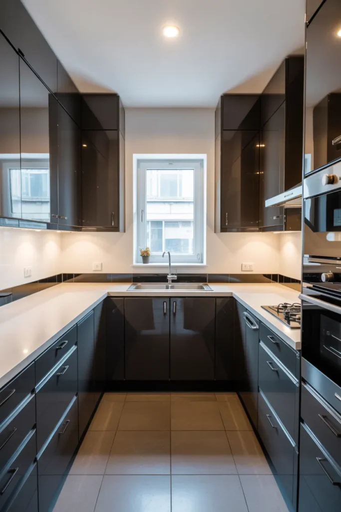 Glossy Black Upper Cabinets With White Lower Cabinets in a Compact Square Layout