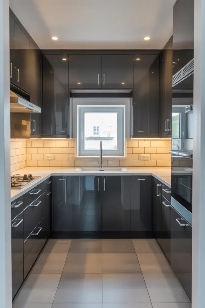 Glossy Black Upper Cabinets With White Lower Cabinets in a Compact Square Layout