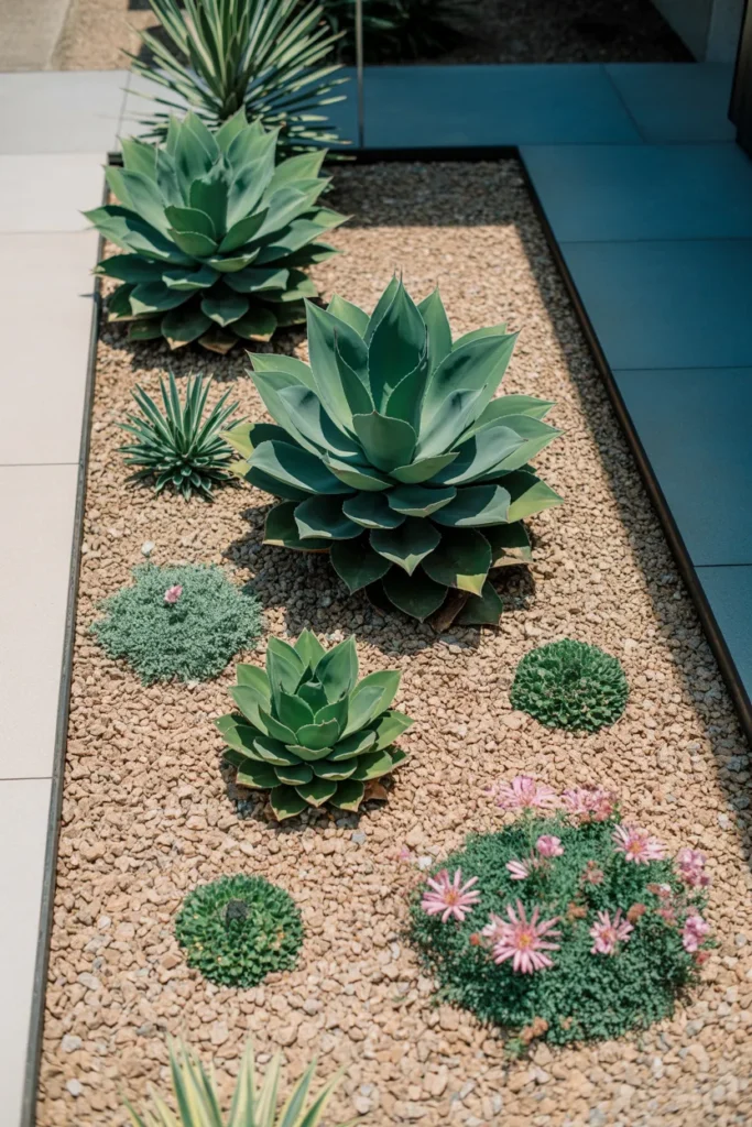 Gravel Front Yard With Architectural Succulents for a Dry Climate Garden