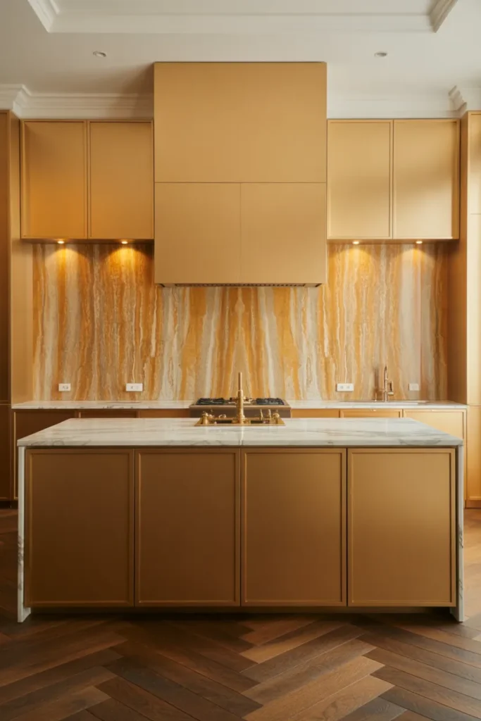 Honey Brown Cabinet Kitchen With Warm Gold Stone Backsplash in a Luxury Layout