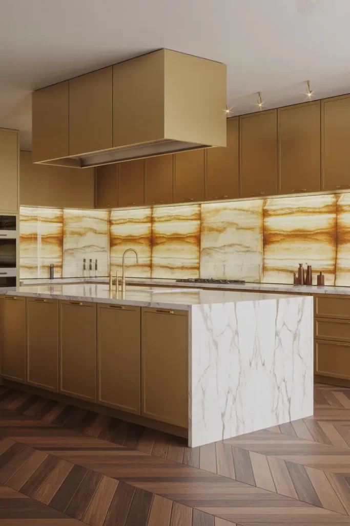 Honey Brown Cabinet Kitchen With Warm Gold Stone Backsplash in a Luxury Layout
