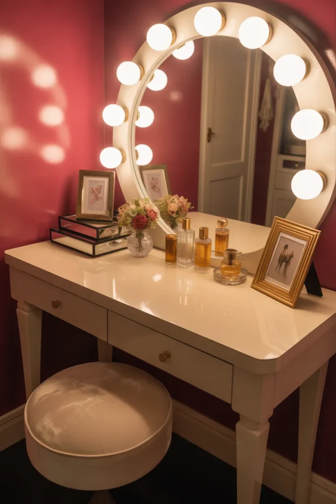 Introduce a Statement Vanity Area with a Hollywood Bulb Mirror as a Functional Design Feature