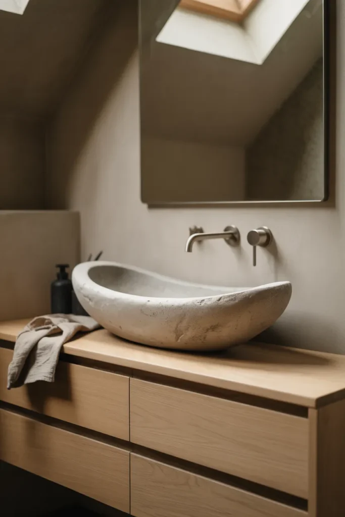 Japandi-Style Vanity With Concrete Basin and Wood Cabinet