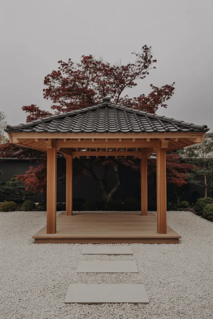 Japanese-Inspired Open Gazebo With a Curved Roof and Gravel Garden Surround